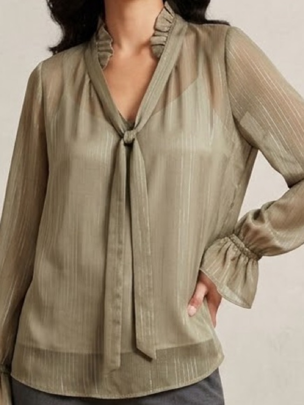 RW&CO.  Sheer Ruffle Tie-Neck Blouse